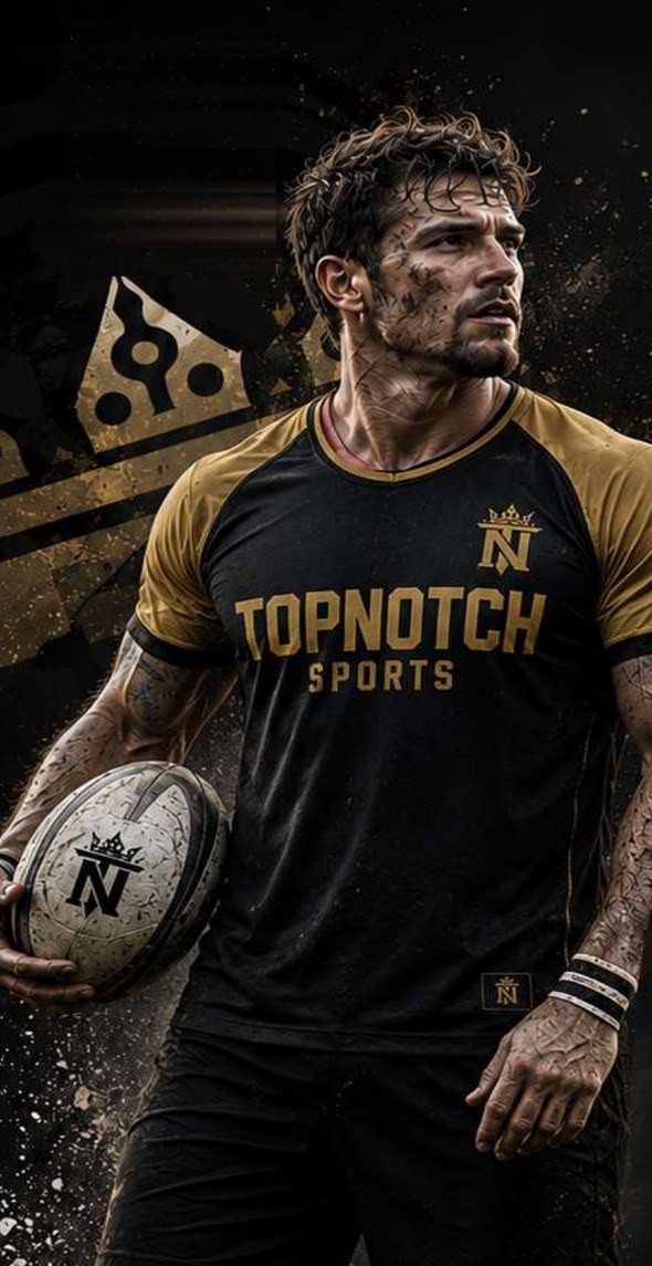 Athlete in a black and gold Top Notch Sports custom raglan shirt holding a rugby ball