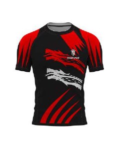 The same raglan shirt design in the catalog red and black colorway